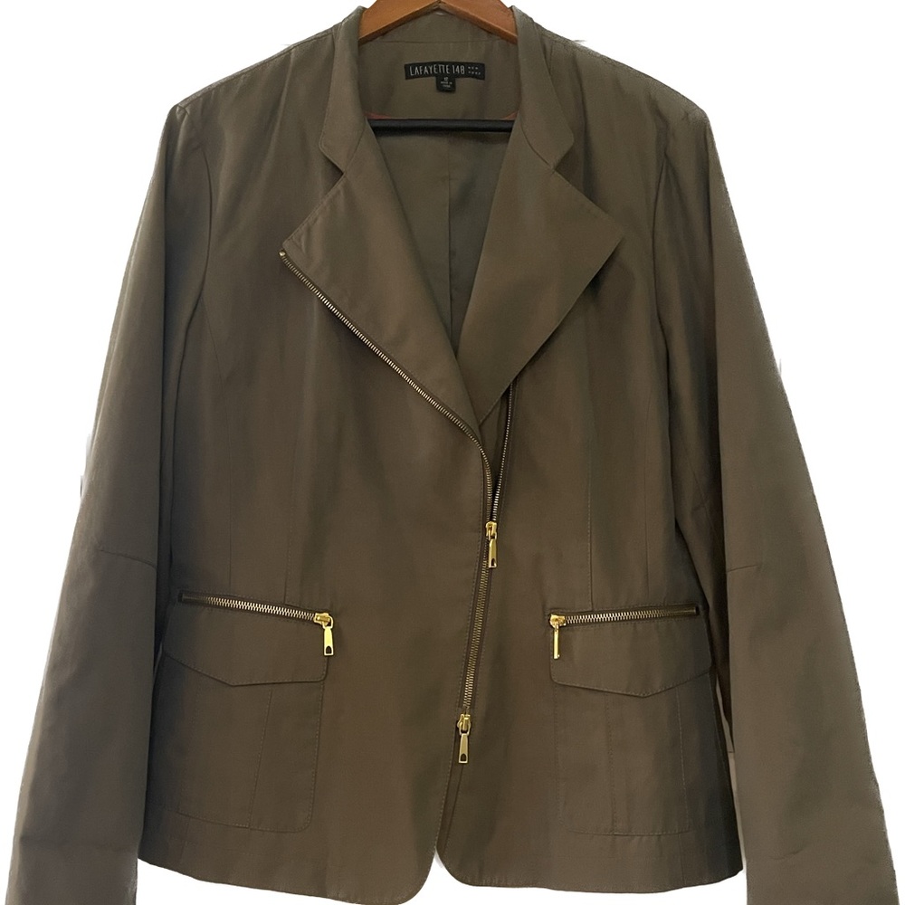 2 piece Lafayette 148 Pantsuit. Olive green iridescent in color .